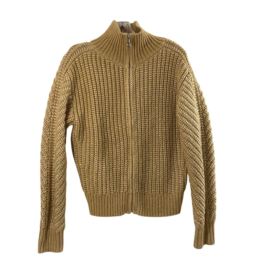 Ann Taylor Cardigan Womens S Tan Full Zip Mock Neck Shaker Knit Minimalist Layer